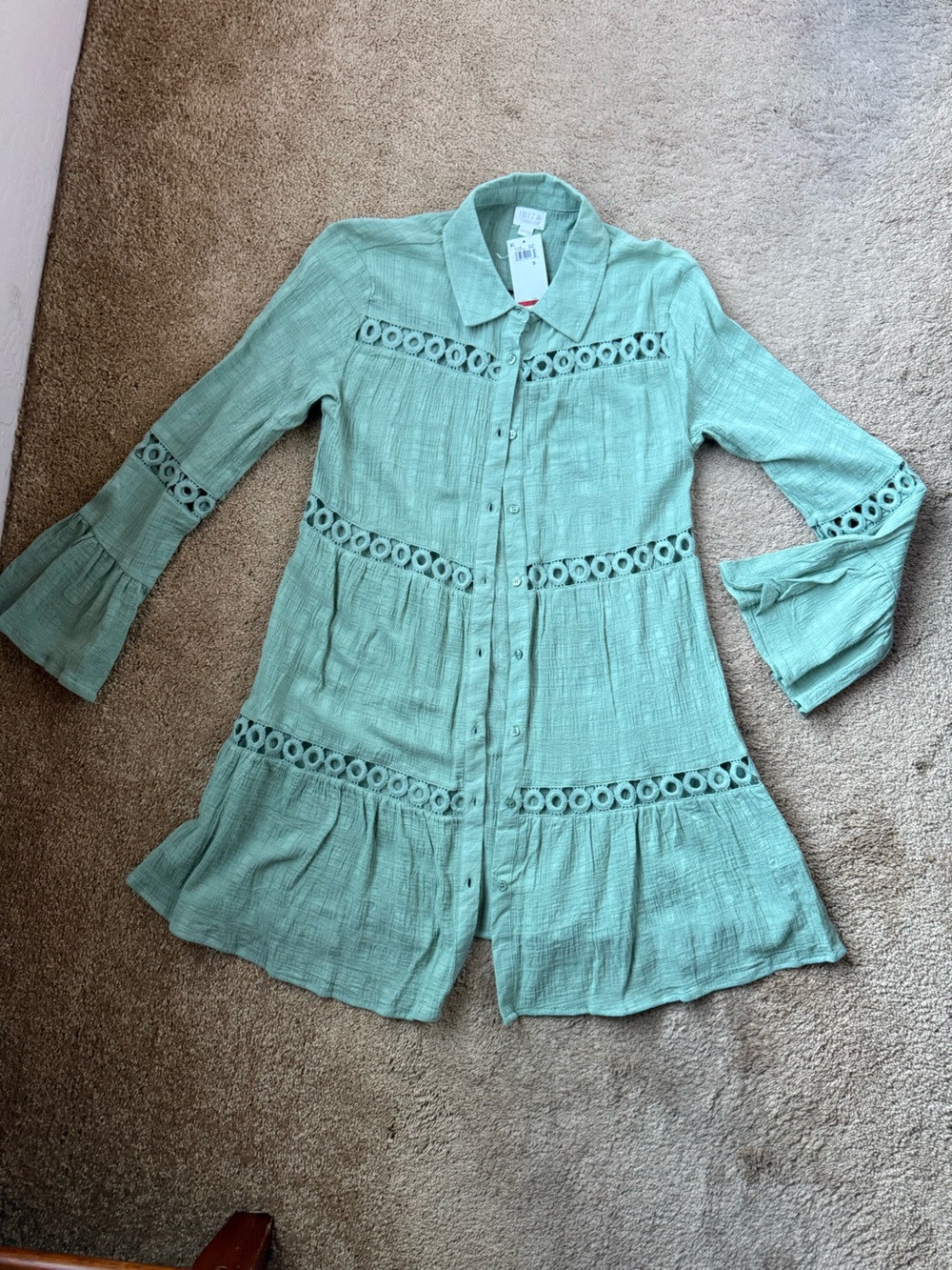 Basil-Green Button-Front Gauze Swim Cover-up